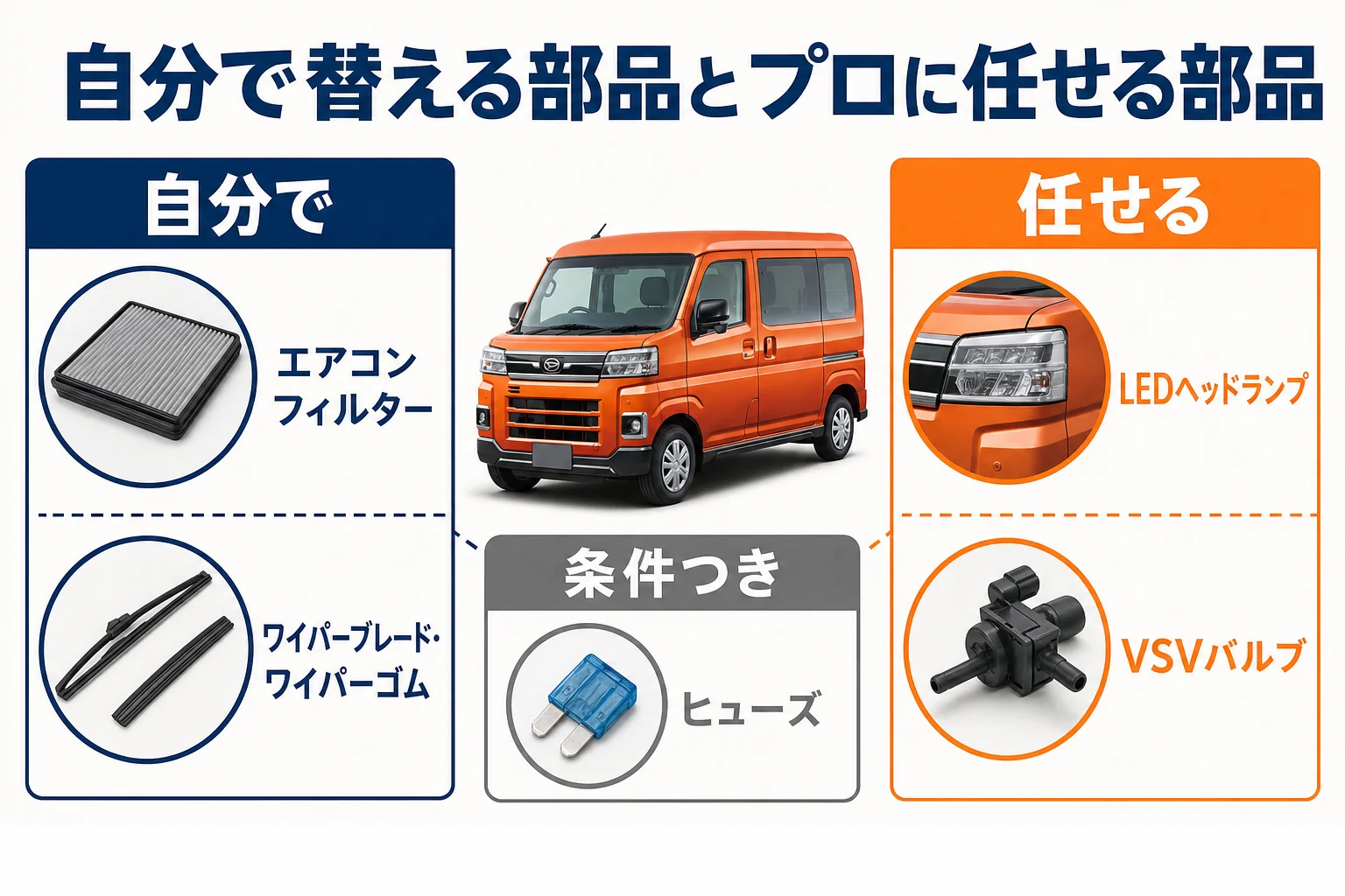 自分で替えやすい部品とプロに任せたい部品を分けた図