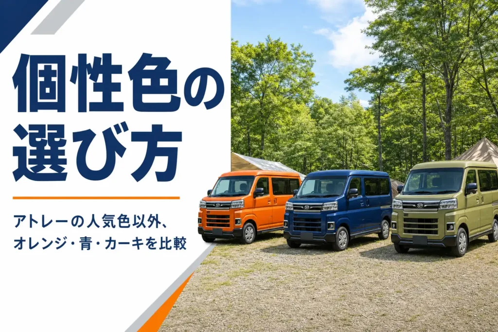 キャンプ場に並んだオレンジ・青・カーキの軽キャブバン