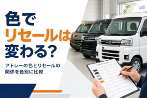 査定スペースに並んだ色違いの軽キャブバン
