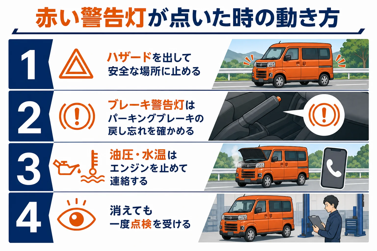 赤い警告灯が点いた時にやることの順番を示した図解