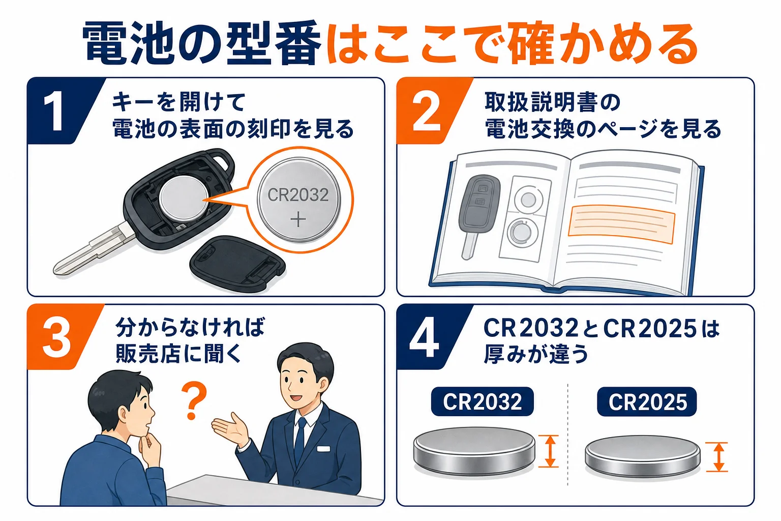 スマートキーの電池の型番の見方を示した図解