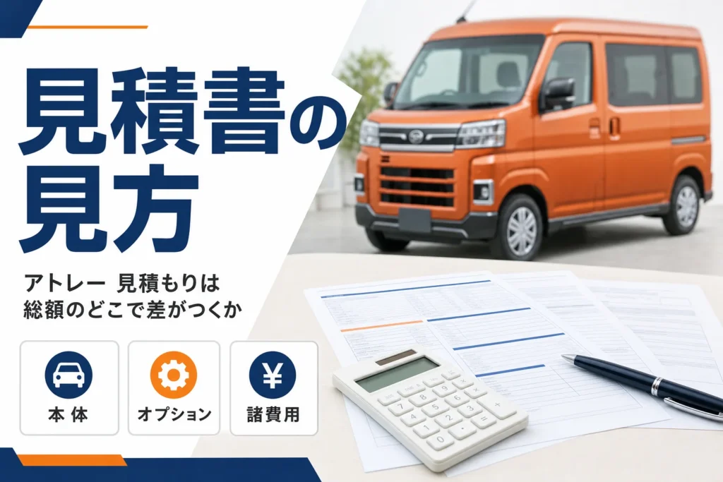 テーブルに置かれた新車の見積書と電卓のイメージ