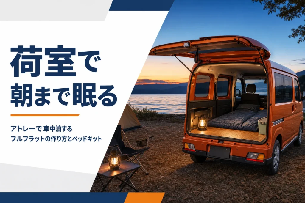 アトレーの荷室をフラットにした車中泊の様子を示したアイキャッチ