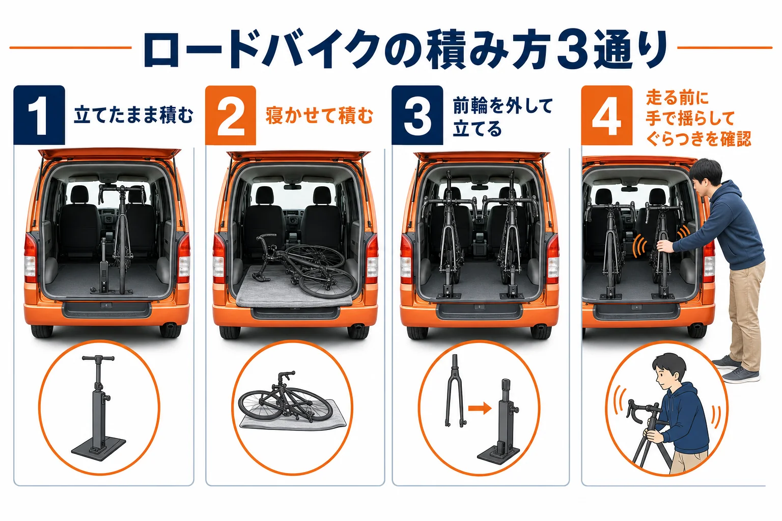 アトレーの荷室にロードバイクを積む3つの方法を比べた図解