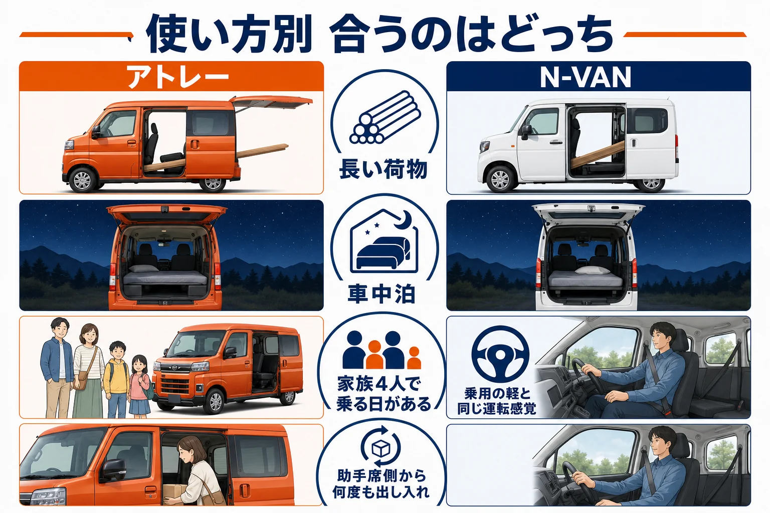 使い方別にアトレーとN-VANのどちらが合うか